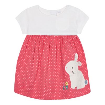 Baby girls' white and pink polka dot print bunny applique dress
